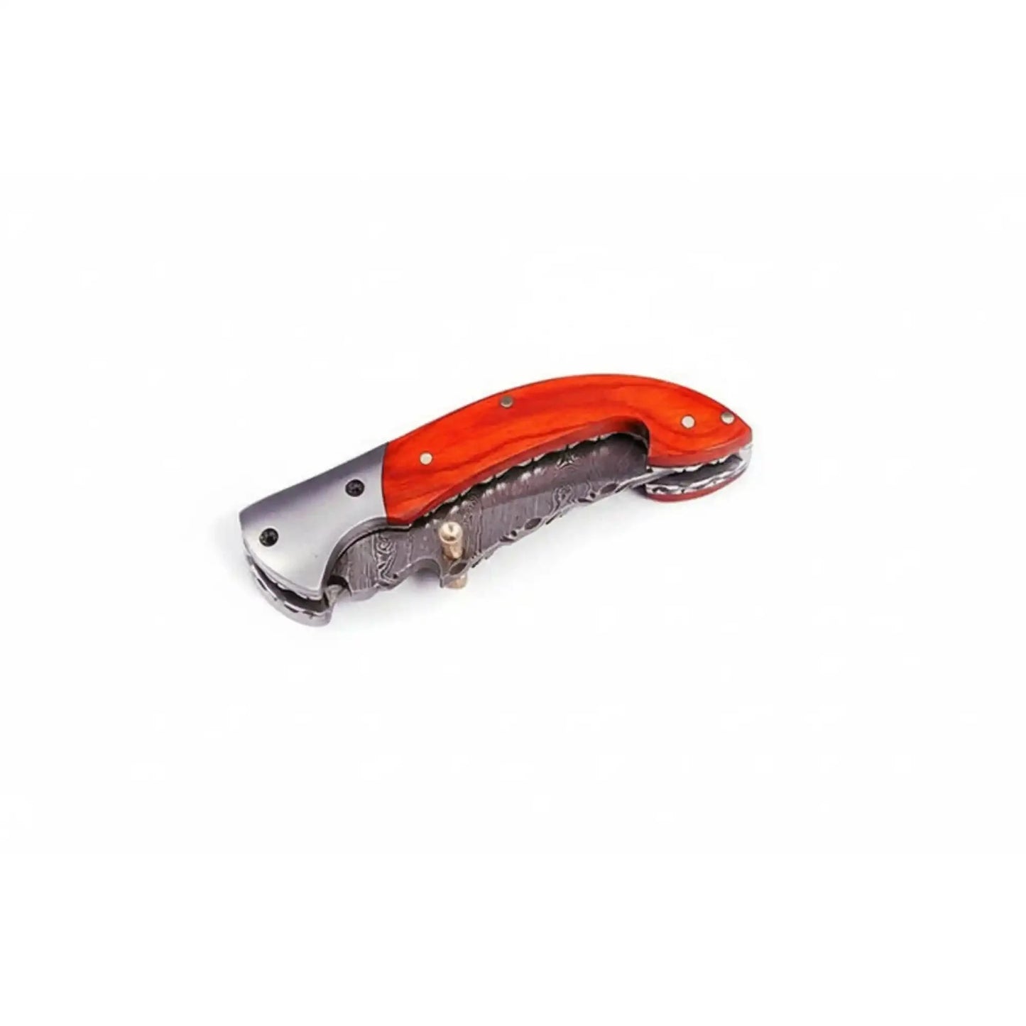 Handmade Damascus Folding Knife with Orange Pakka Wood Handle & Leather Sheath