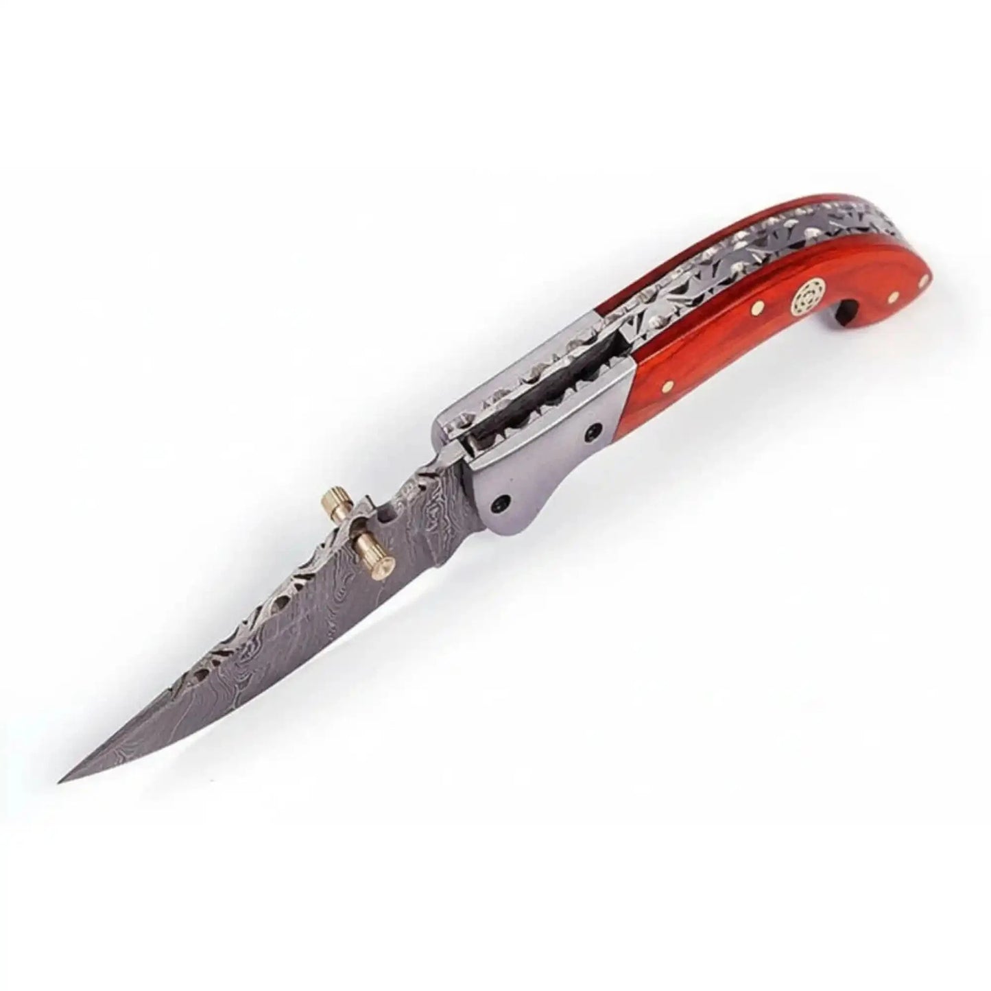 Handmade Damascus Folding Knife with Orange Pakka Wood Handle & Leather Sheath