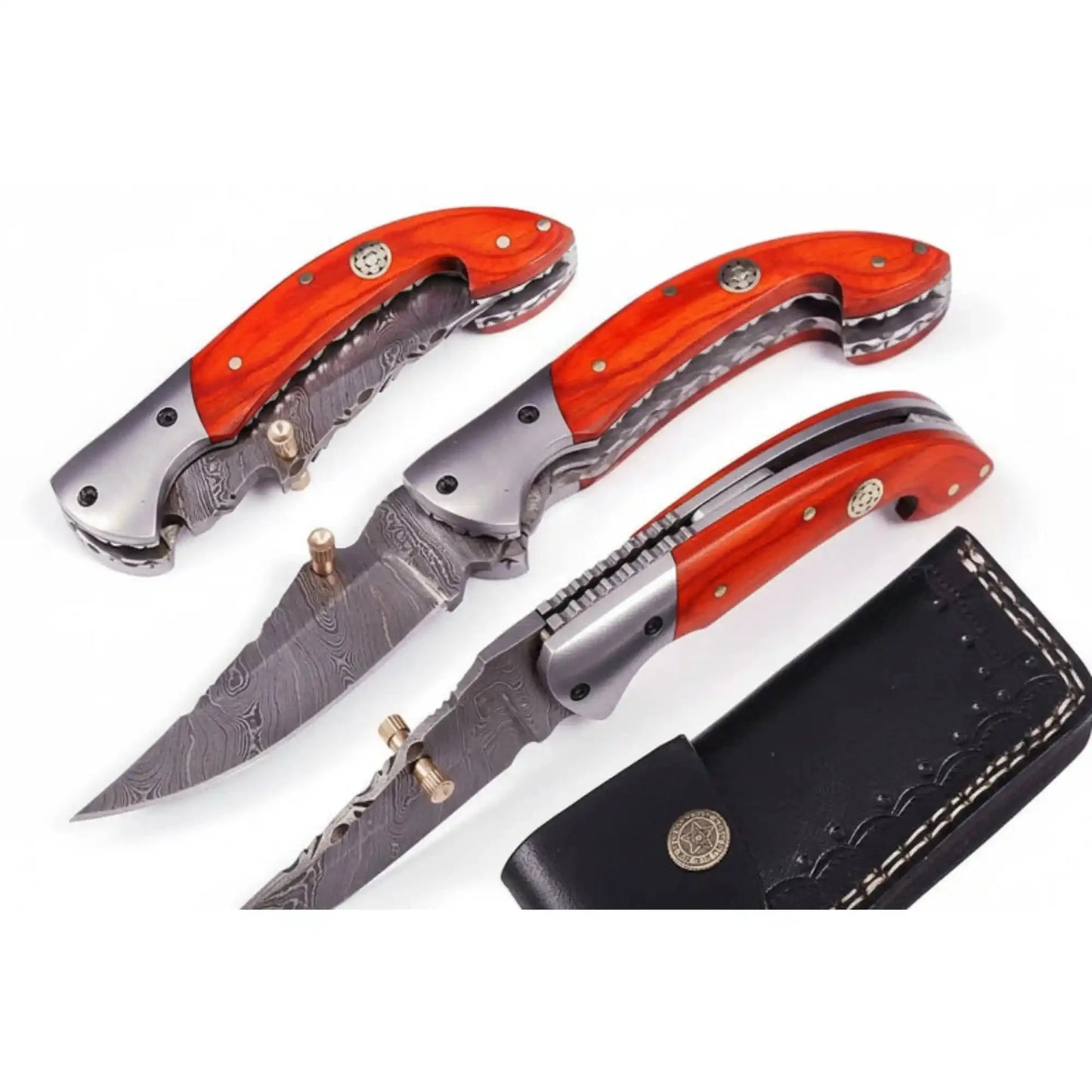Handmade Damascus Folding Knife with Orange Pakka Wood Handle & Leather Sheath