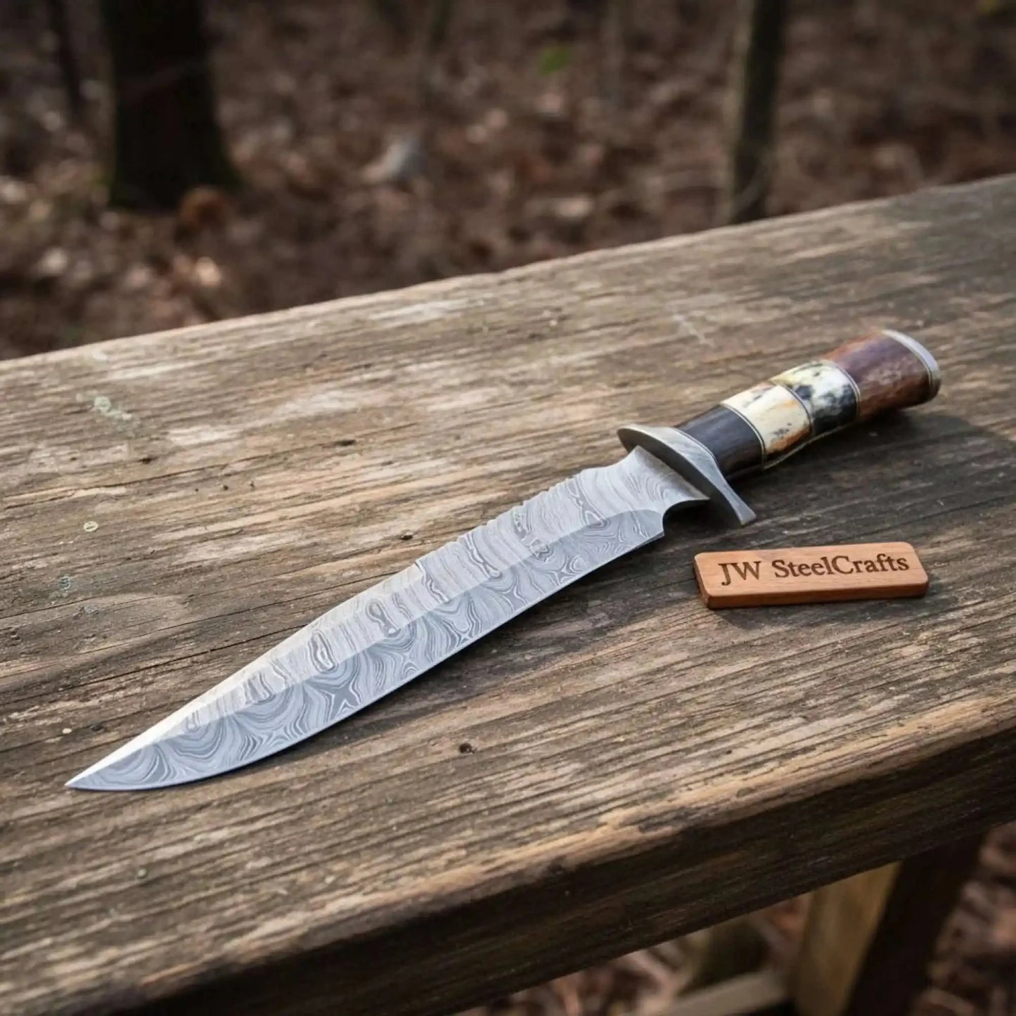 Hand-Forged Damascus Bowie Knife with Coffin Style Stacked Wood Handle