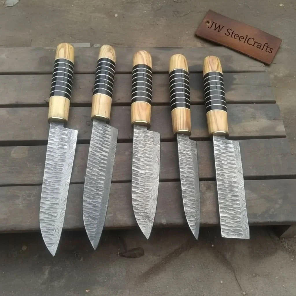 5 Piece Damascus Chef Knife Set | Handmade Kitchen Knives Olive Wood & Resin Handles