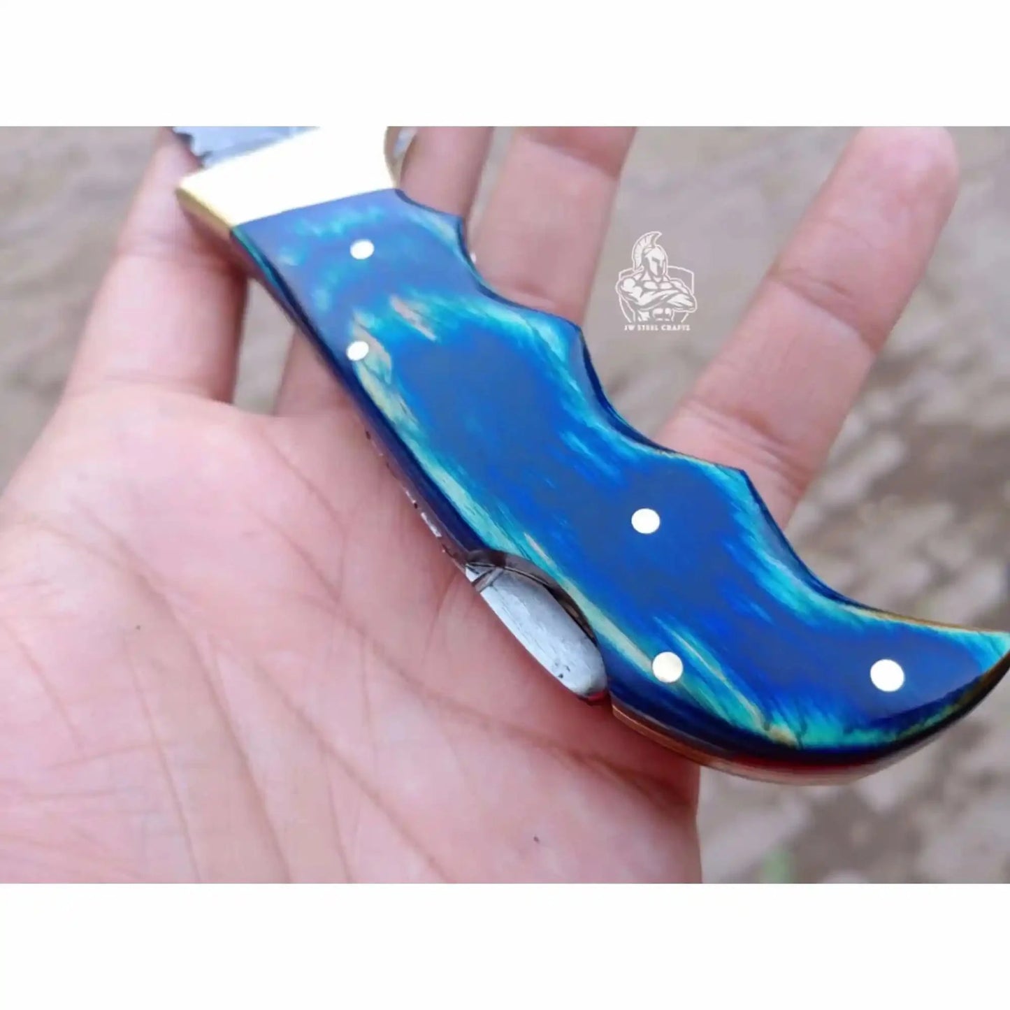 Handmade Damascus Pocket Knife | Colored Pakka Wood Folding EDC Knife