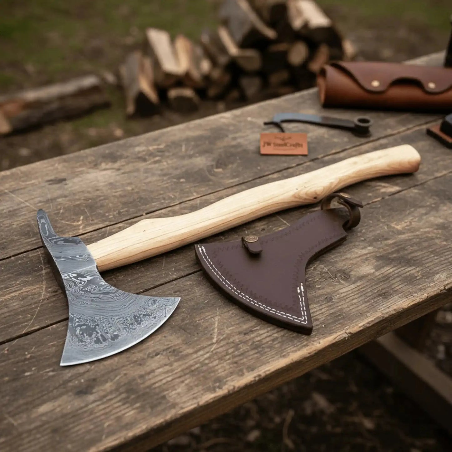 Handmade Damascus Steel Bearded Spike Axe – Hand Forged Viking Bearded Axe with Ash Wood Handle and Leather Sheath | JW SteelCrafts