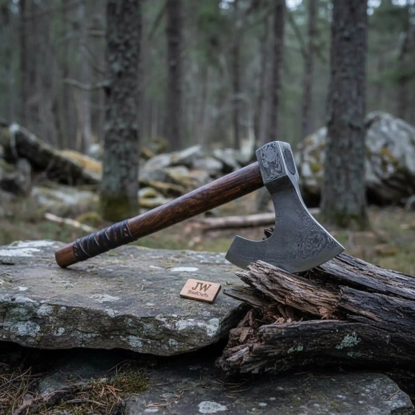 Handmade Damascus Steel Bearded Viking Axe with Hardwood Handle – Custom Forged Norse Camp Axe | JW SteelCrafts