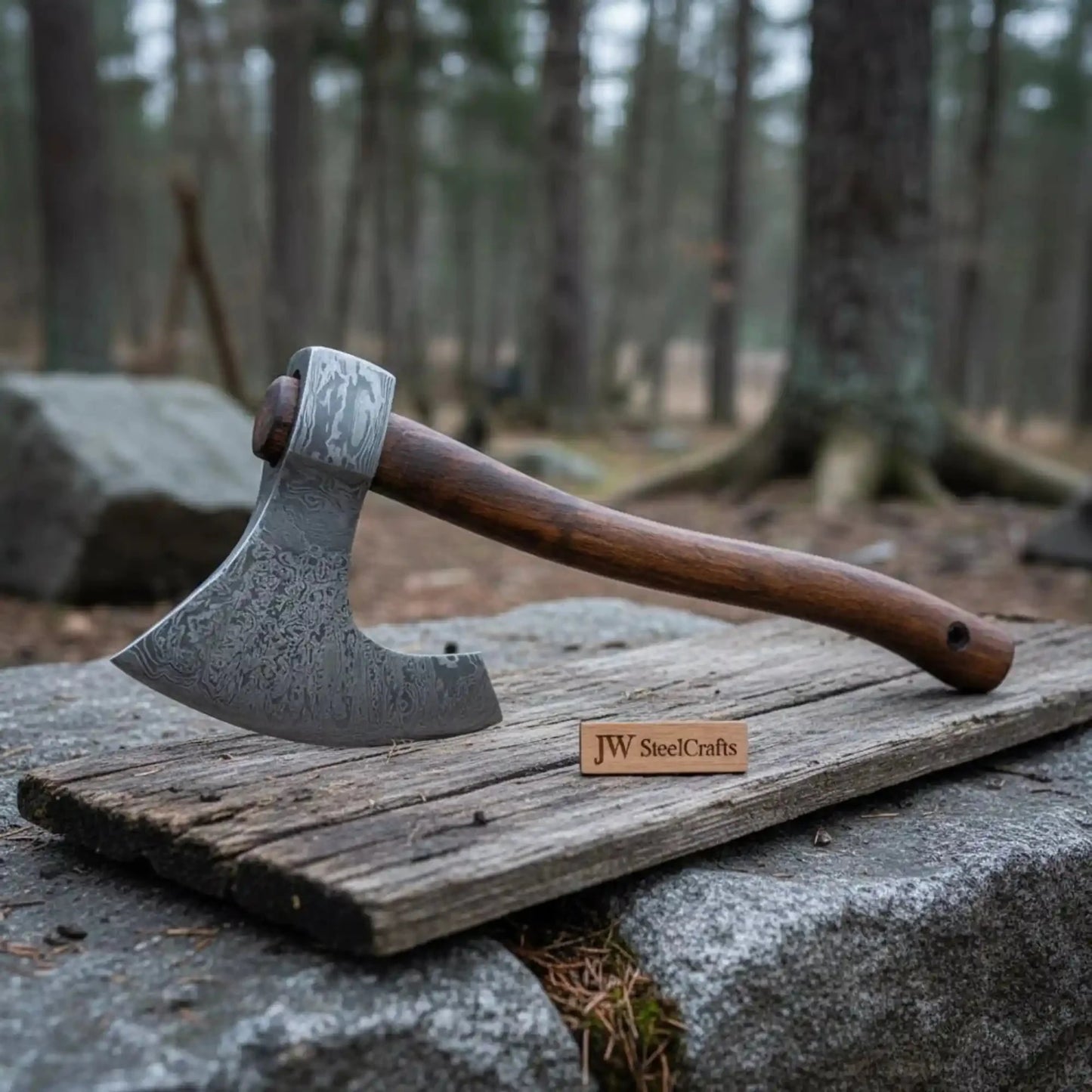 Handmade Damascus Steel Bearded Viking Axe with Hardwood Handle – Custom Forged Norse Camp Axe | JW SteelCrafts