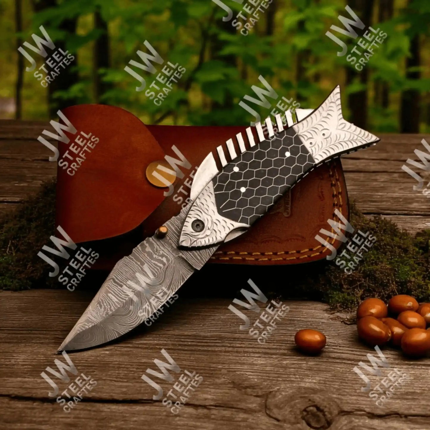 Handmade Damascus Steel Folding Knife – Black Honeycomb Handle, Engraved Bolster