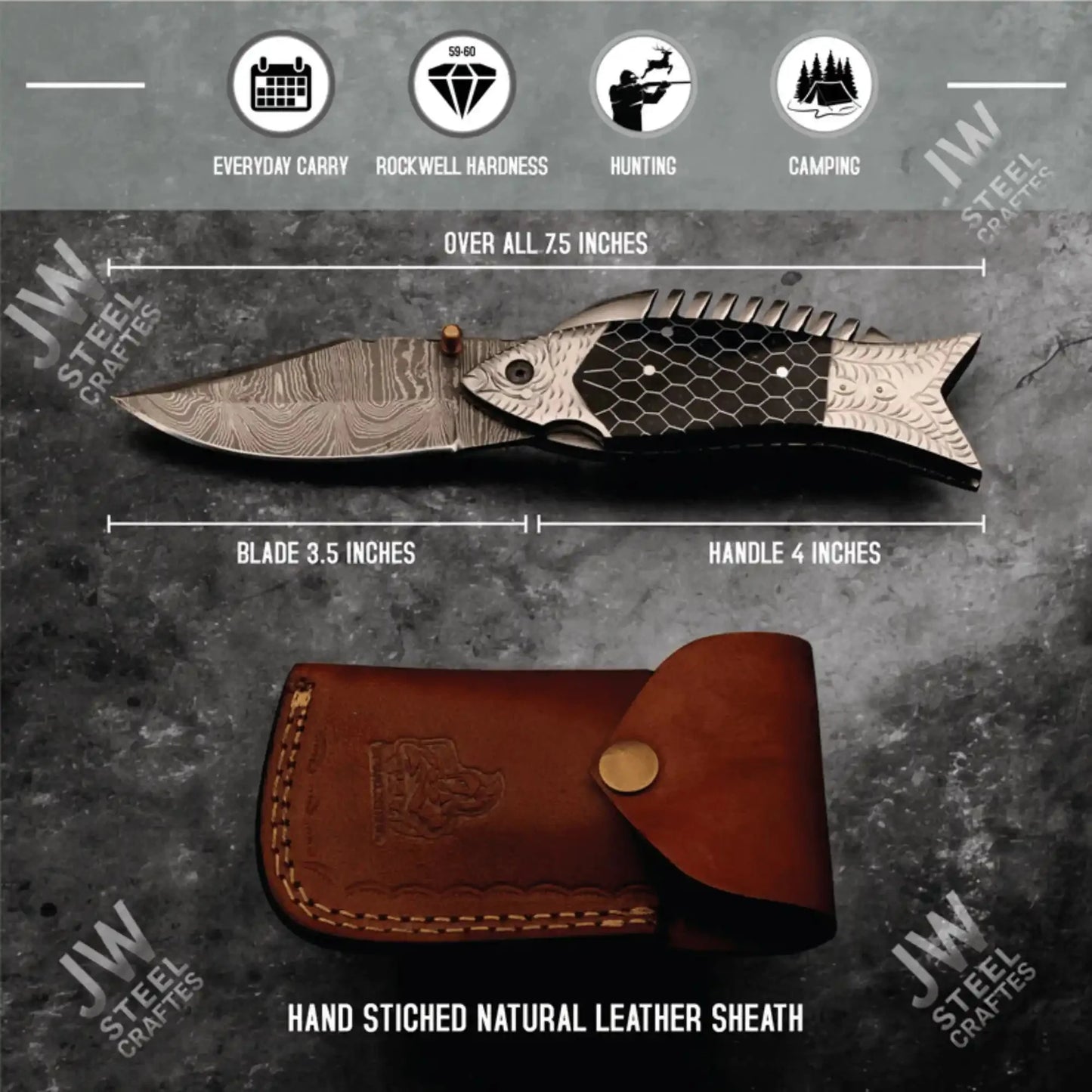 Handmade Damascus Steel Folding Knife – Black Honeycomb Handle, Engraved Bolster