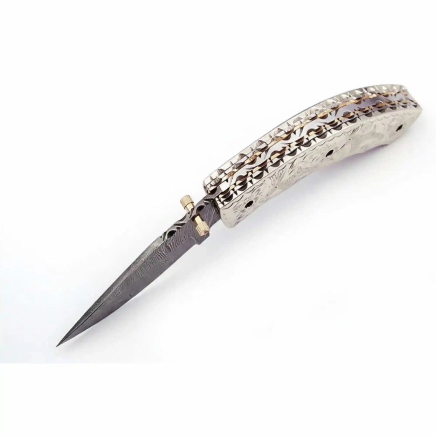 Handmade Damascus Steel Folding Knife – Engraved Brass Handle EDC Pocket Knife with Leather Sheath