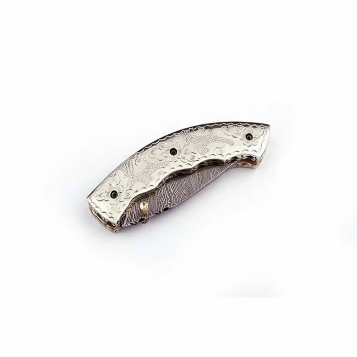 Handmade Damascus Steel Folding Knife – Engraved Brass Handle EDC Pocket Knife with Leather Sheath