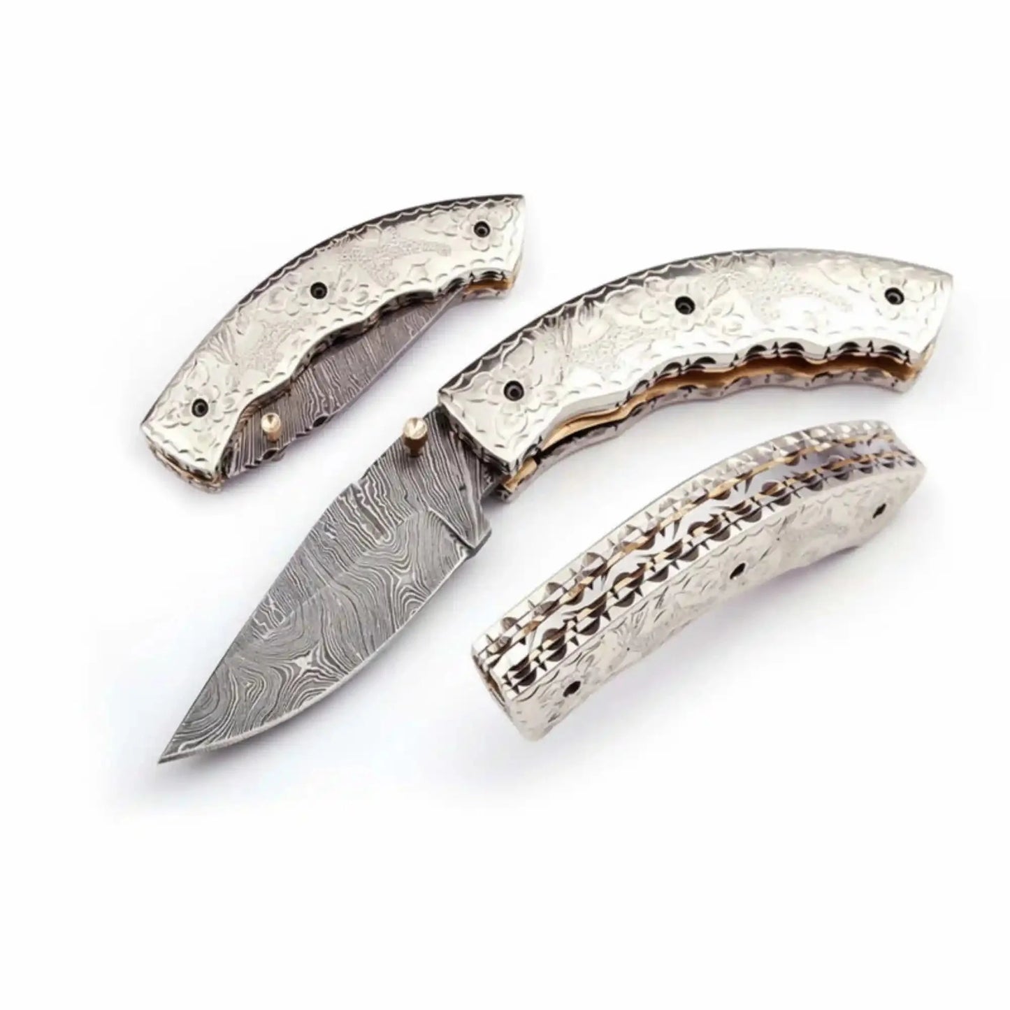 Handmade Damascus Steel Folding Knife – Engraved Brass Handle EDC Pocket Knife with Leather Sheath