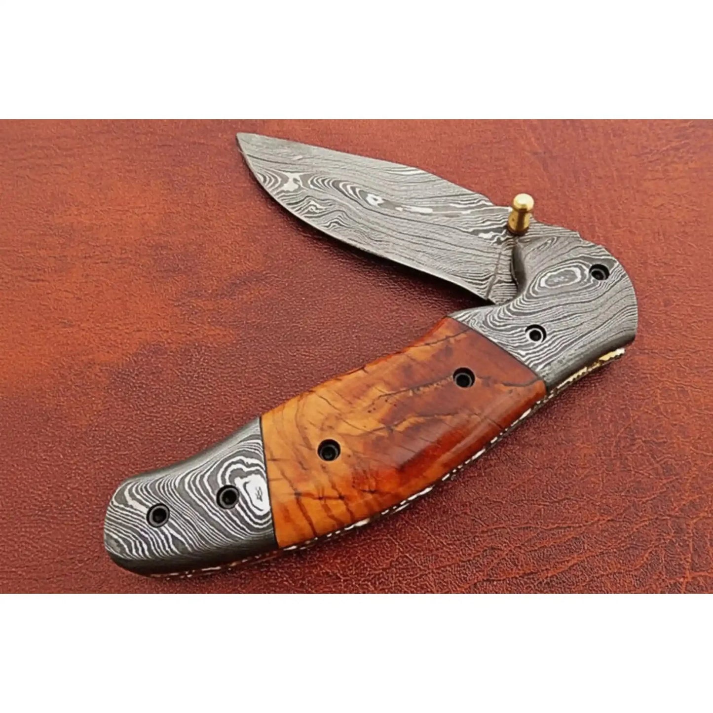 Handmade Damascus Steel Folding Knife with Amber Burl Wood Handle – Custom Pocket Knife by JW SteelCrafts