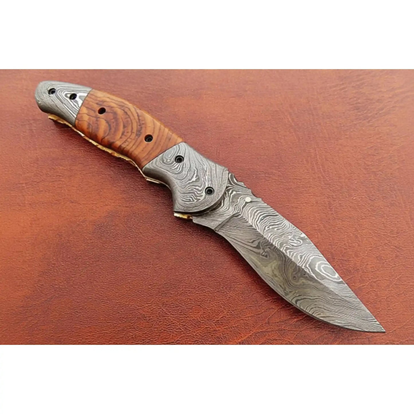 Handmade Damascus Steel Folding Knife with Amber Burl Wood Handle – Custom Pocket Knife by JW SteelCrafts
