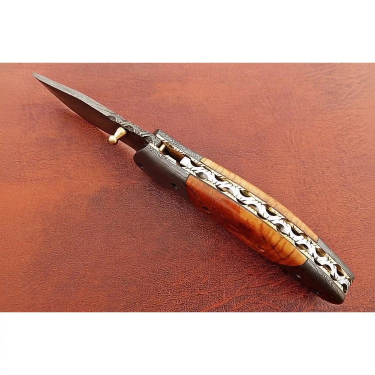 Handmade Damascus Steel Folding Knife with Amber Burl Wood Handle – Custom Pocket Knife by JW SteelCrafts