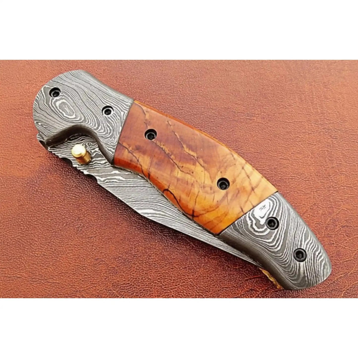 Handmade Damascus Steel Folding Knife with Amber Burl Wood Handle – Custom Pocket Knife by JW SteelCrafts