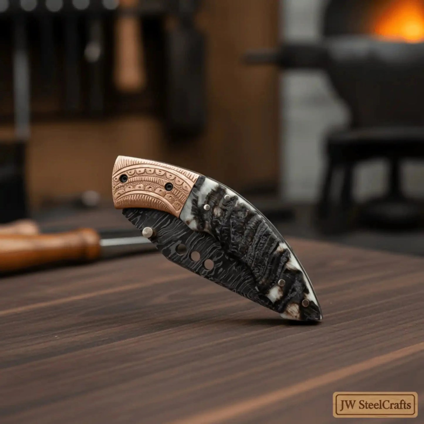 Handmade Damascus Steel Folding Knife with Engraved Metal Handle – Premium EDC Pocket Knife