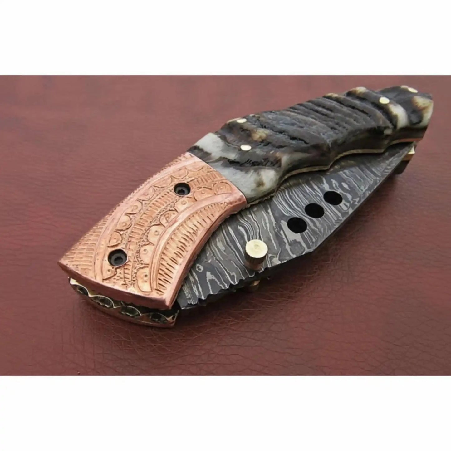 Handmade Damascus Steel Folding Knife with Engraved Metal Handle – Premium EDC Pocket Knife