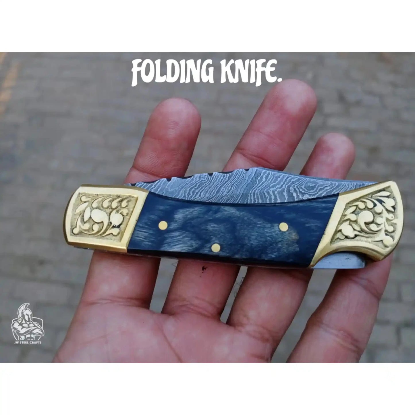 Handmade Damascus Steel Folding Knife with Gray Micarta Handle and Brass Thumb Stud – Custom EDC Pocket Knife by JW SteelCrafts