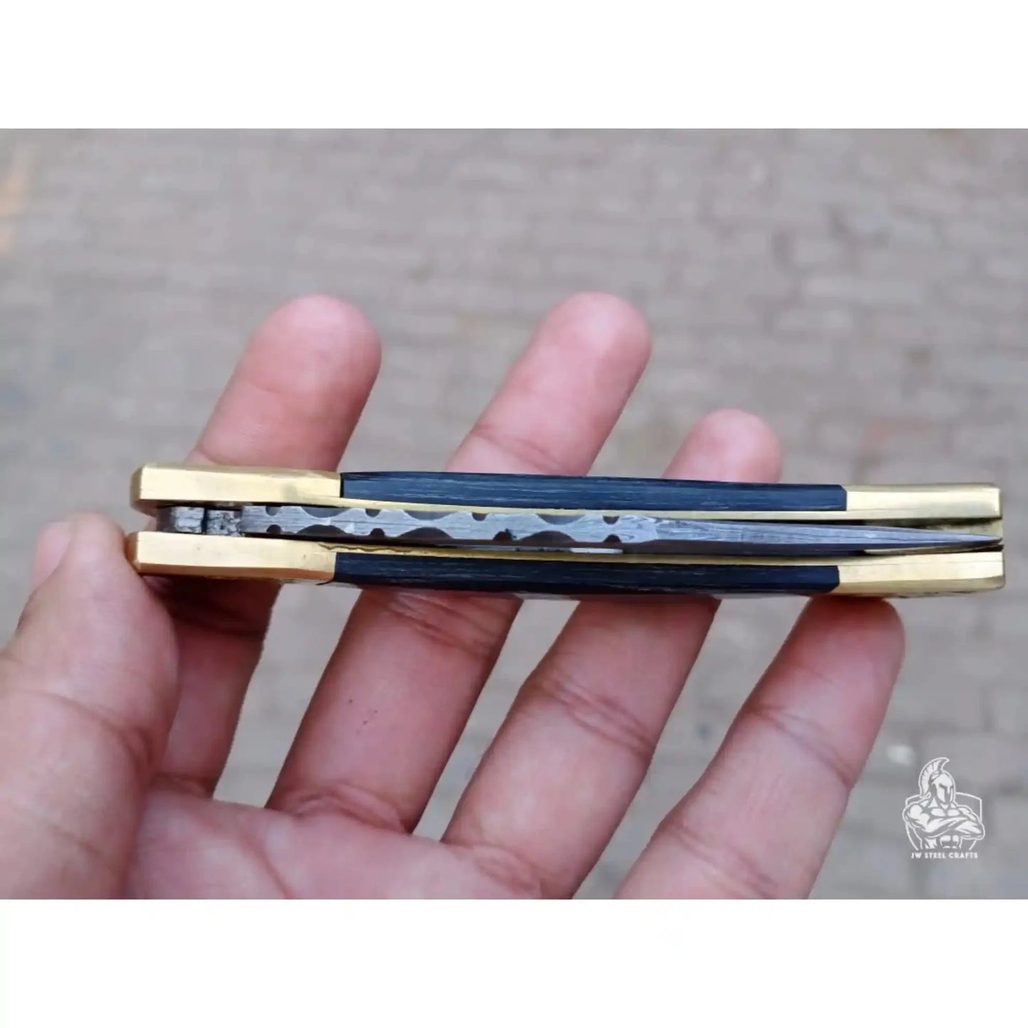 Handmade Damascus Steel Folding Knife with Gray Micarta Handle and Brass Thumb Stud – Custom EDC Pocket Knife by JW SteelCrafts