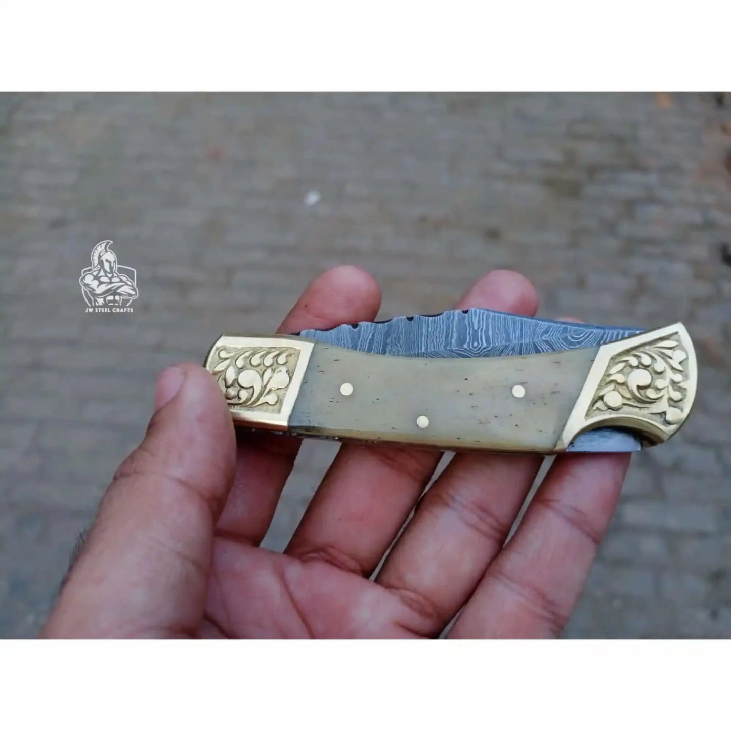 Handmade Damascus Steel Folding Knife with Gray Micarta Handle and Brass Thumb Stud – Custom EDC Pocket Knife by JW SteelCrafts