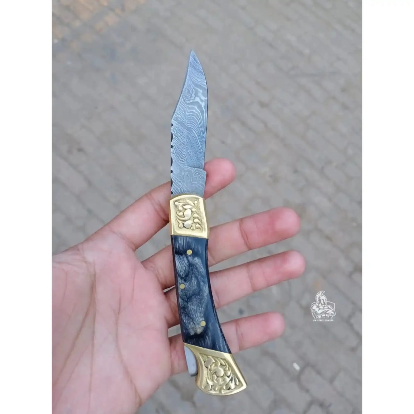Handmade Damascus Steel Folding Knife with Gray Micarta Handle and Brass Thumb Stud – Custom EDC Pocket Knife by JW SteelCrafts
