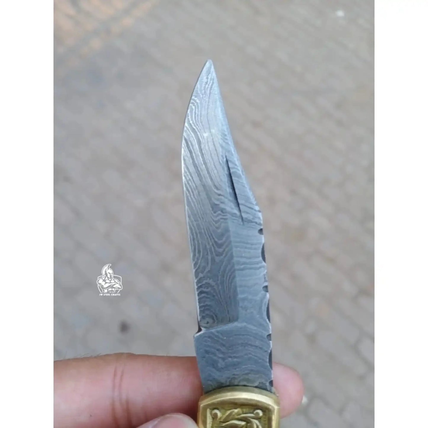 Handmade Damascus Steel Folding Knife with Gray Micarta Handle and Brass Thumb Stud – Custom EDC Pocket Knife by JW SteelCrafts