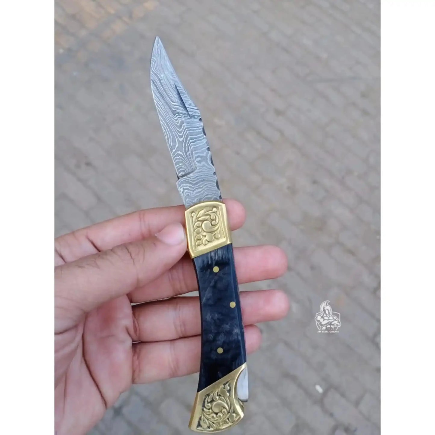 Handmade Damascus Steel Folding Knife with Gray Micarta Handle and Brass Thumb Stud – Custom EDC Pocket Knife by JW SteelCrafts