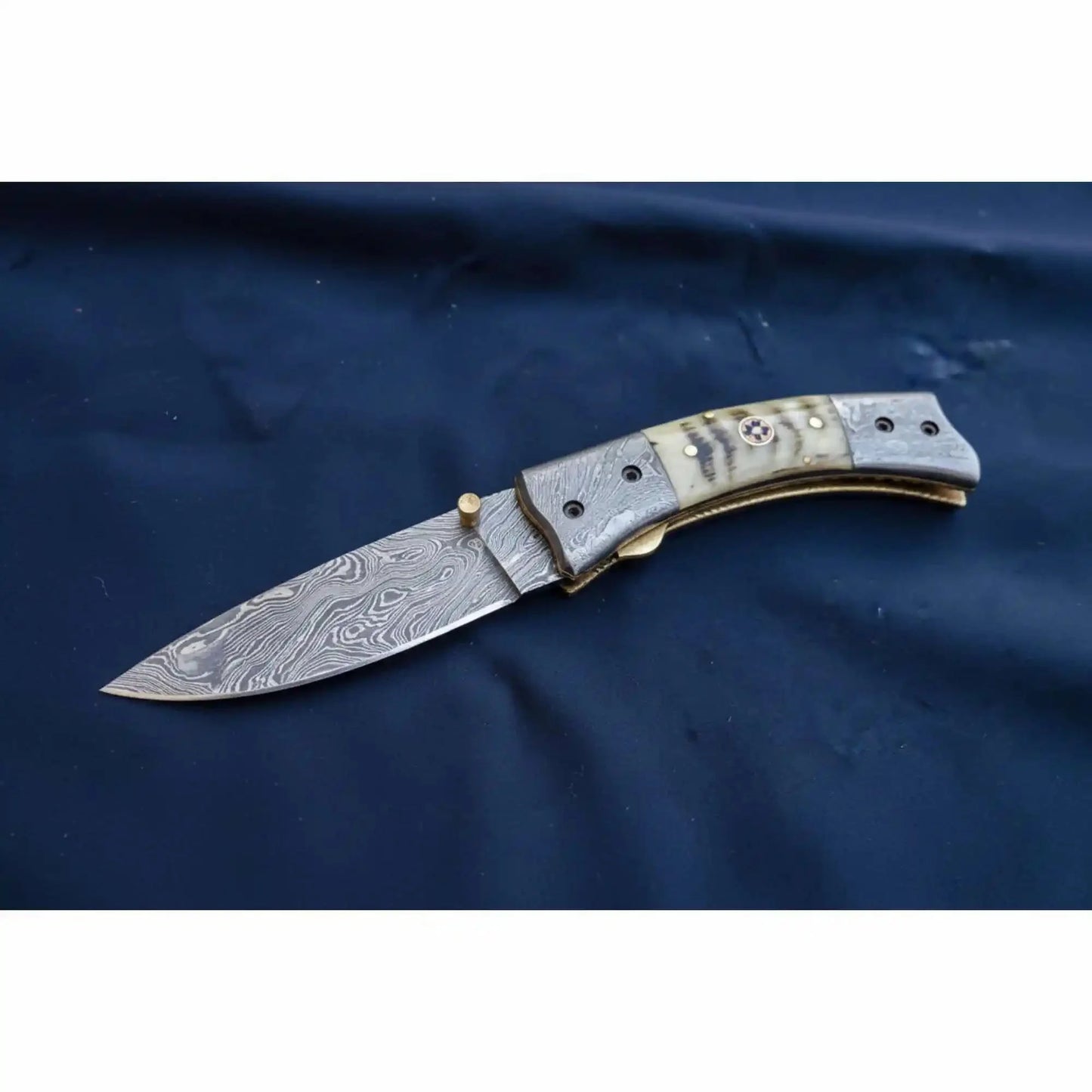 Handmade Damascus Steel Folding Knife with Natural Bone Handle – Custom Pocket Knife