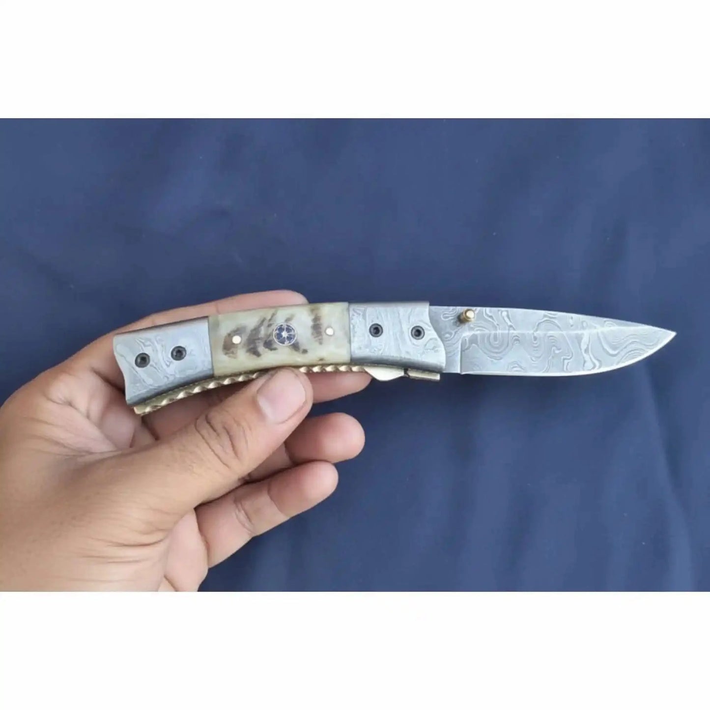 Handmade Damascus Steel Folding Knife with Natural Bone Handle – Custom Pocket Knife