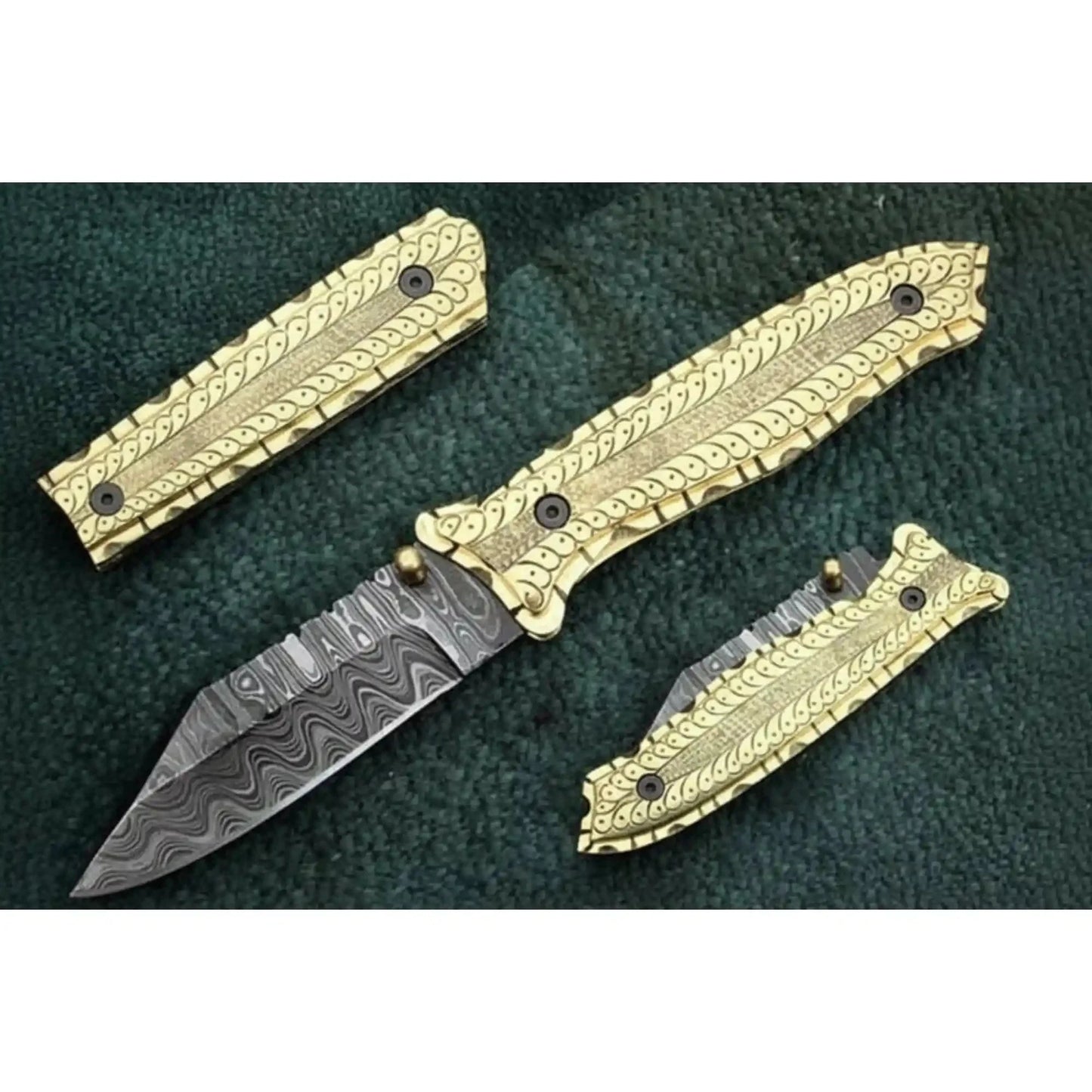 Handmade Damascus Steel Folding Knife with Olive Wood Handle – Brass Liner Pocket Knife