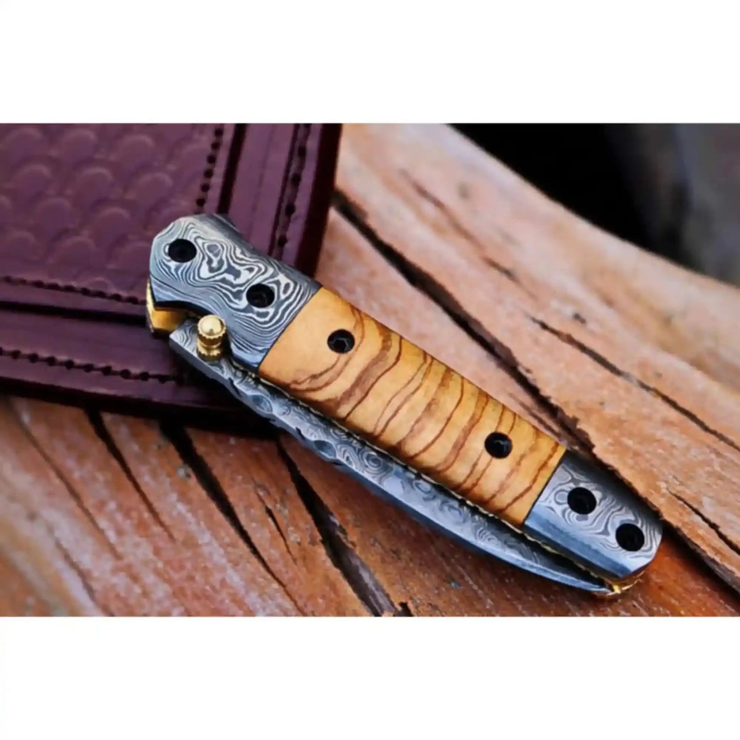 Handmade Damascus Steel Folding Knife with Olive Wood Handle – Pocket Knife for Everyday Carry & Gift