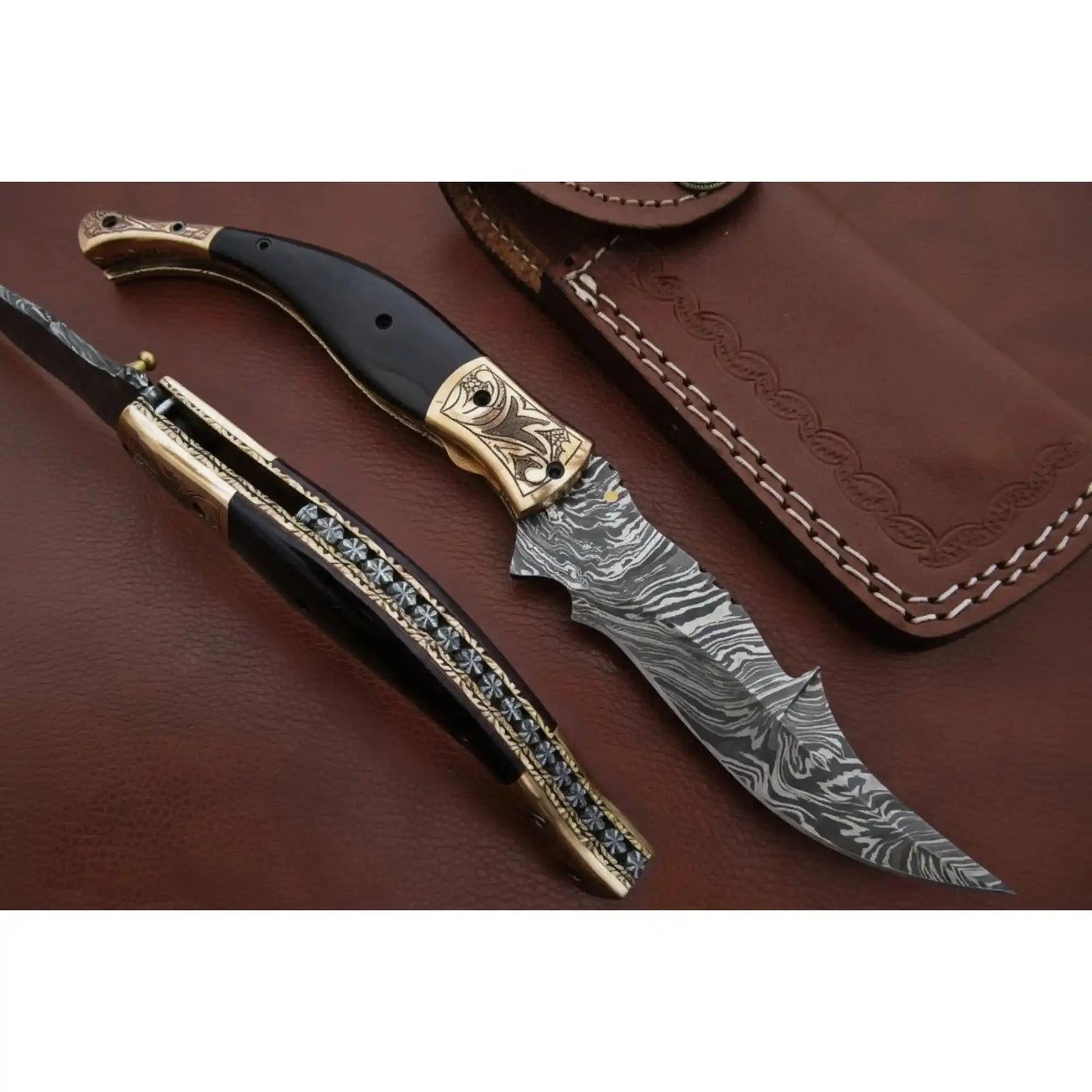 Handmade Damascus Steel Folding Knife with Teal Handle, Engraved Bolster & Leather Sheath