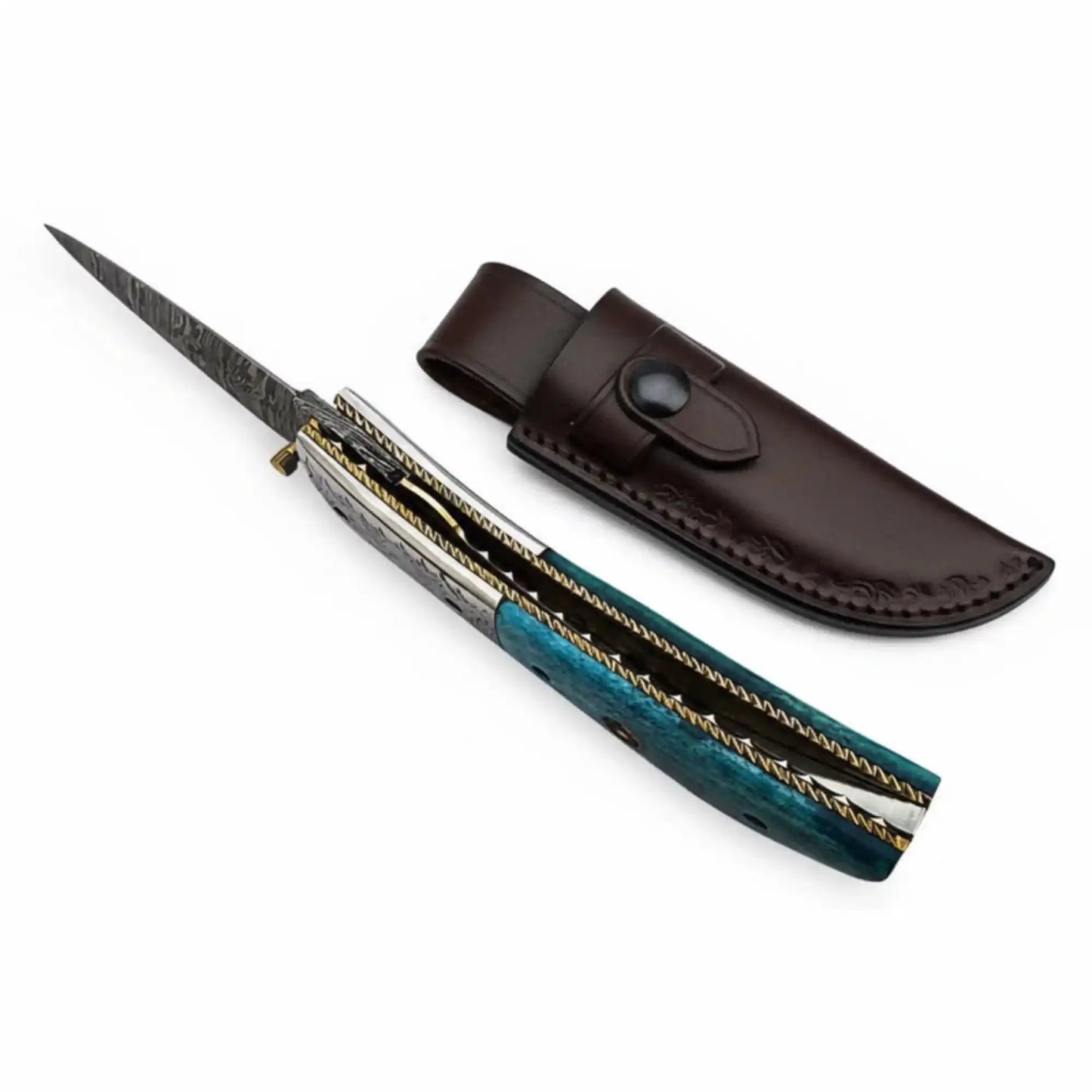 Handmade Damascus Steel Folding Knife with Teal Wood Handle & Engraved Bolster