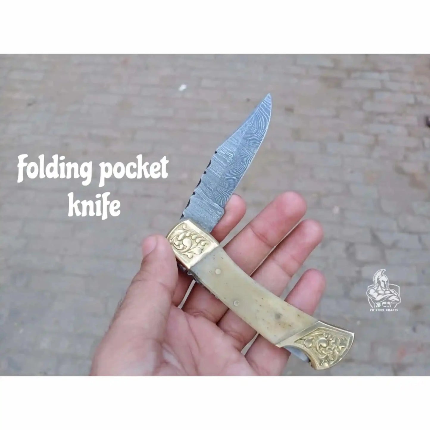 Handmade Damascus Steel Folding Pocket Knife with Bone Handle & Engraved Brass Bolsters