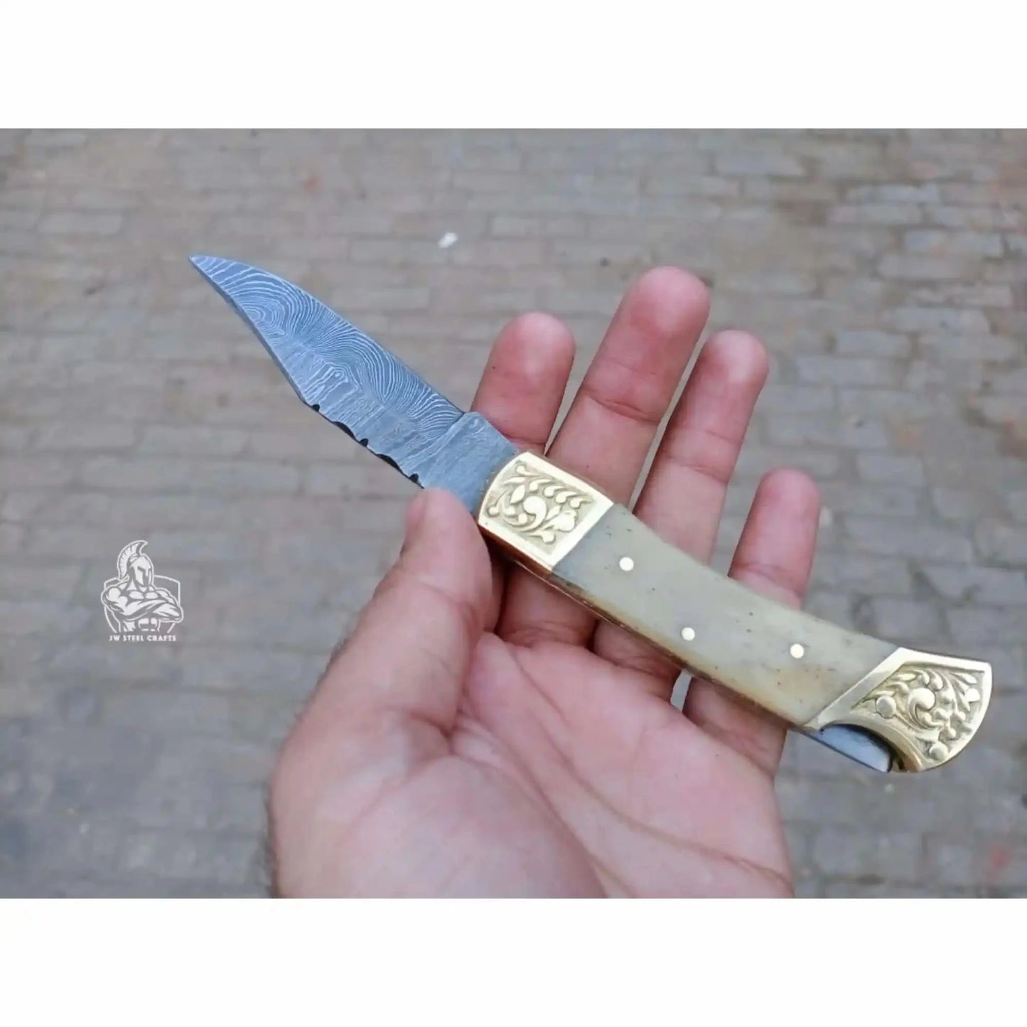 Handmade Damascus Steel Folding Pocket Knife with Bone Handle & Engraved Brass Bolsters