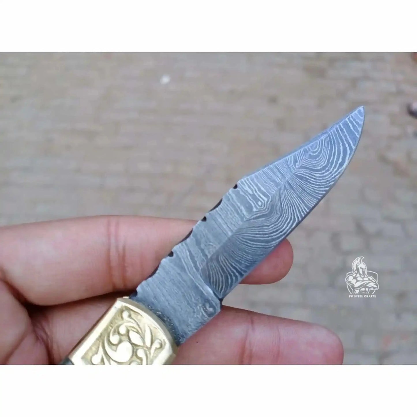 Handmade Damascus Steel Folding Pocket Knife with Bone Handle & Engraved Brass Bolsters