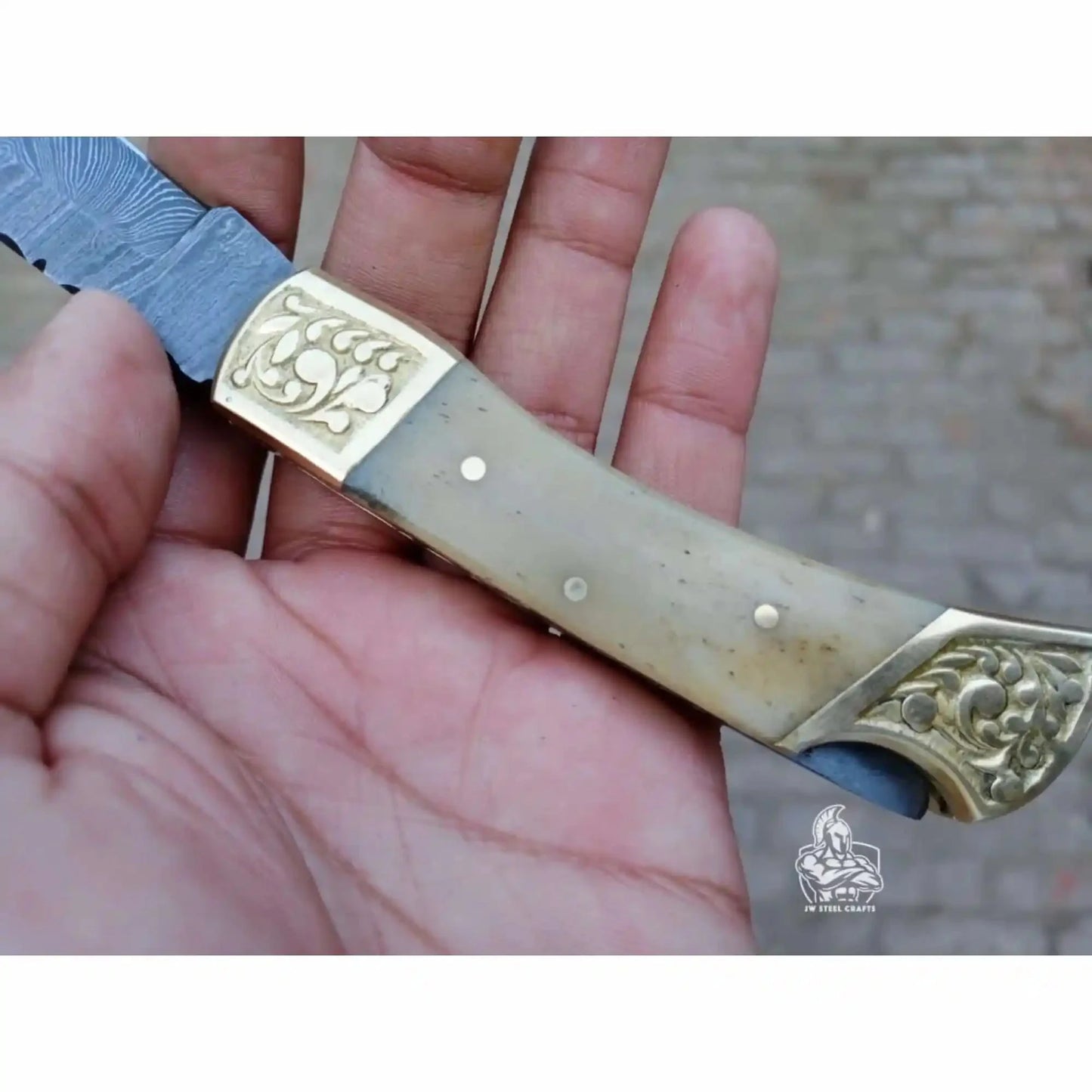 Handmade Damascus Steel Folding Pocket Knife with Bone Handle & Engraved Brass Bolsters