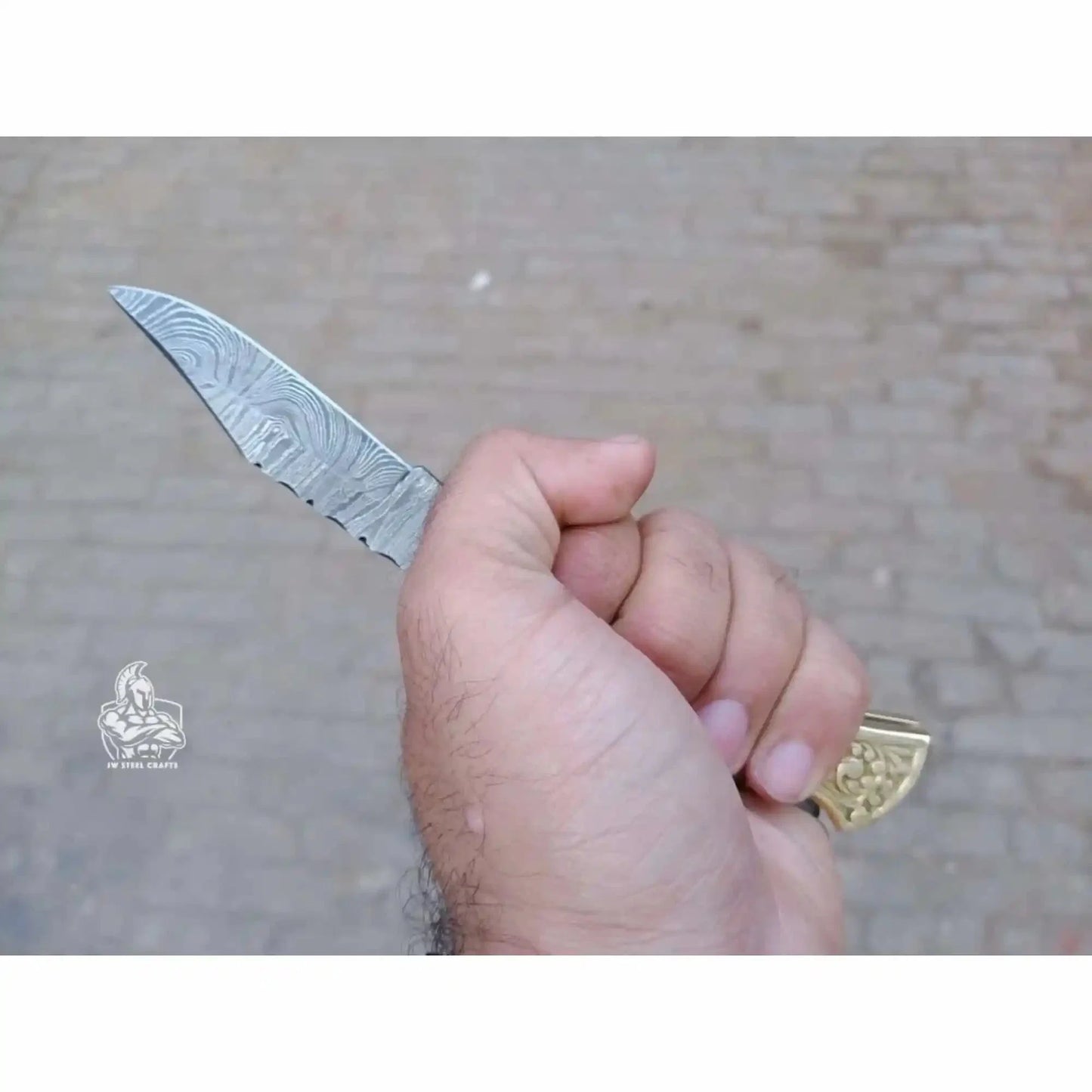 Handmade Damascus Steel Folding Pocket Knife with Bone Handle & Engraved Brass Bolsters