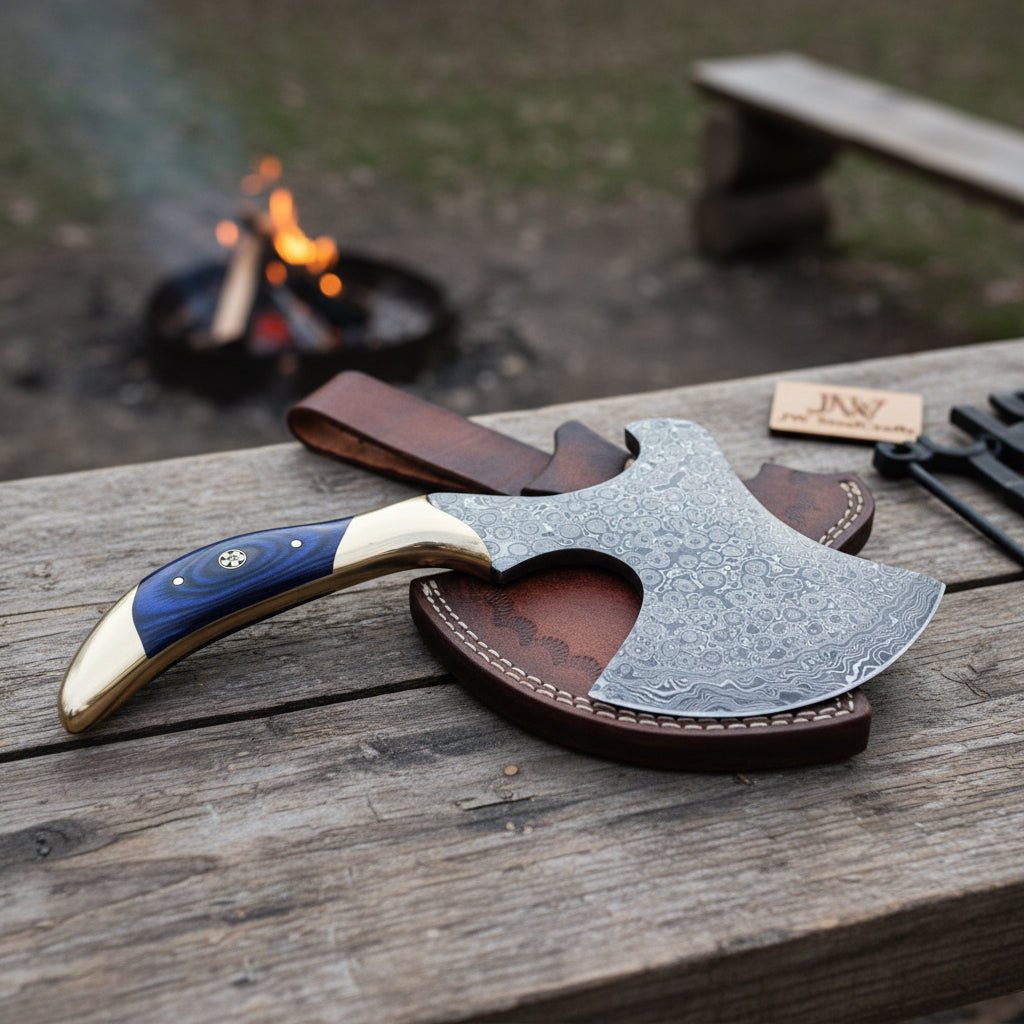 Damascus Steel Bushcraft Axe with Hardwood Handle & Leather Sheath