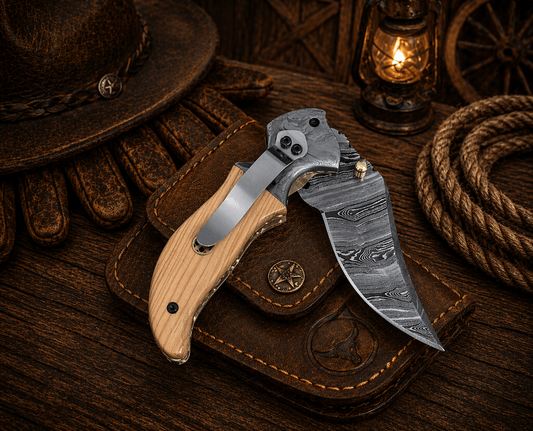 Handmade Damascus Steel Pocket Knife – Olive Wood Handle Folding Knife with Belt Clip | EDC Hunting Camping Knife Gift for Men