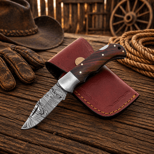 Handmade Damascus Steel Pocket Knife – Rosewood Handle Folding Knife with Leather Sheath | EDC Hunting Camping Gift for Men