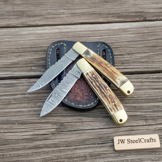 Handmade Damascus Steel Trapper Folding Knife 7" Two Blade Stag Handle Brass Bolster EDC