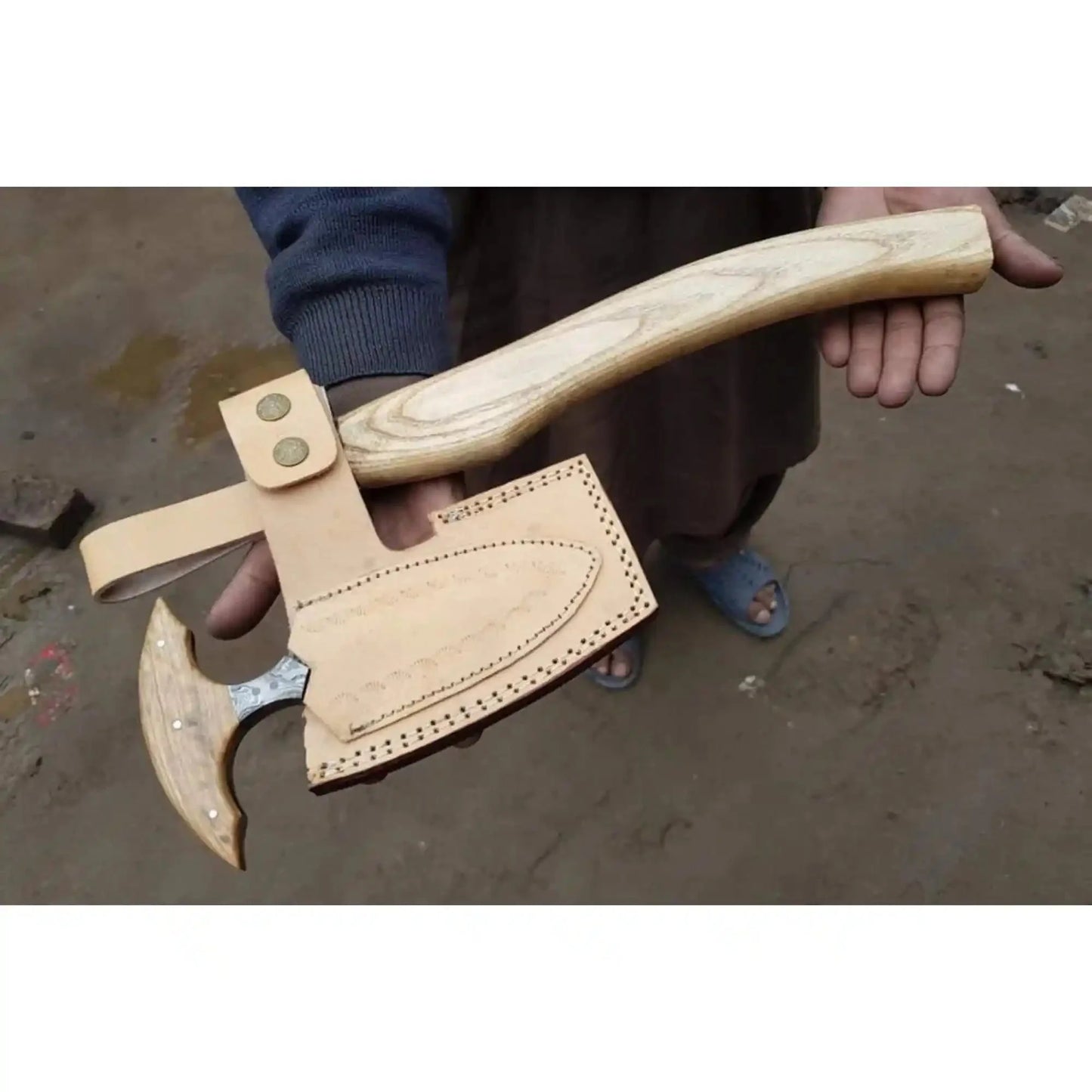 Handmade Damascus Steel Viking Axe and Matching Knife Set with Ash Wood Handle and Leather Sheath