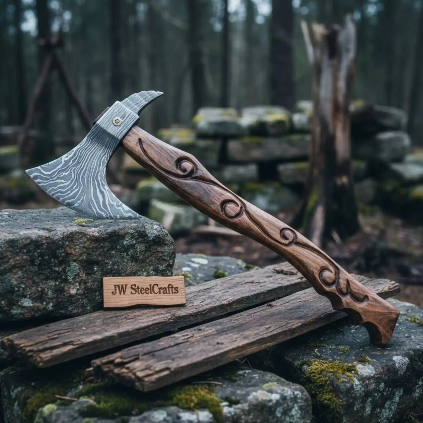Handmade Damascus Steel Viking Bearded Axe – Pattern Welded Blade with Carved Hardwood Handle | JW SteelCrafts