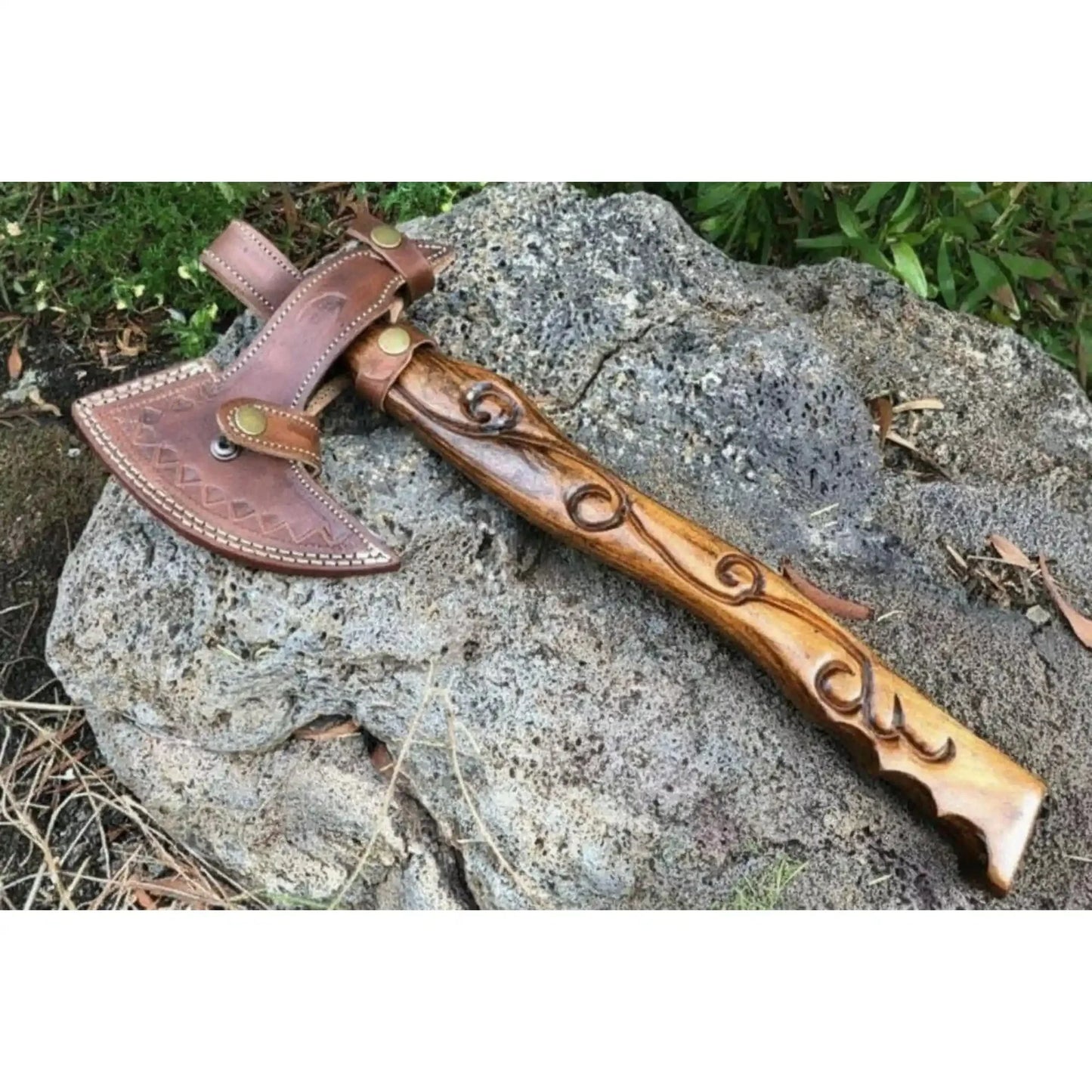 Handmade Damascus Steel Viking Bearded Axe – Pattern Welded Blade with Carved Hardwood Handle | JW SteelCrafts