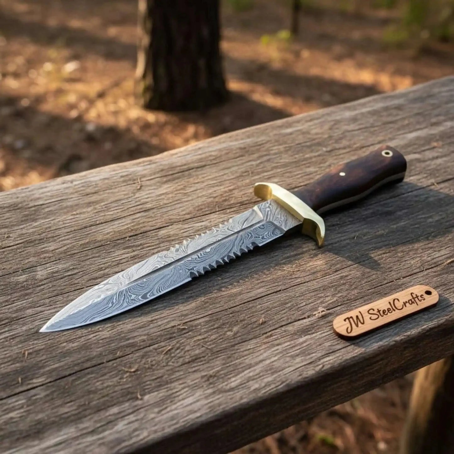 Handmade Frontier Bowie Knife, Damascus Steel Clip Point Blade, Sawback Spine, Brass Guard, Rosewood Handle, Fixed Blade Knife