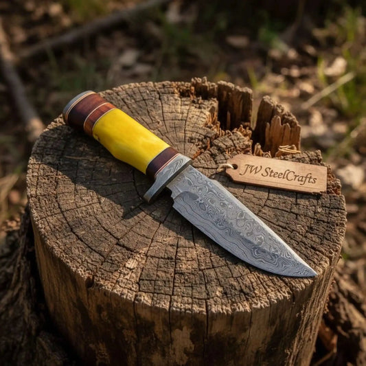 Handmade Hunter Clip Point Bowie Knife Damascus Steel Yellow Handle JW SteelCrafts