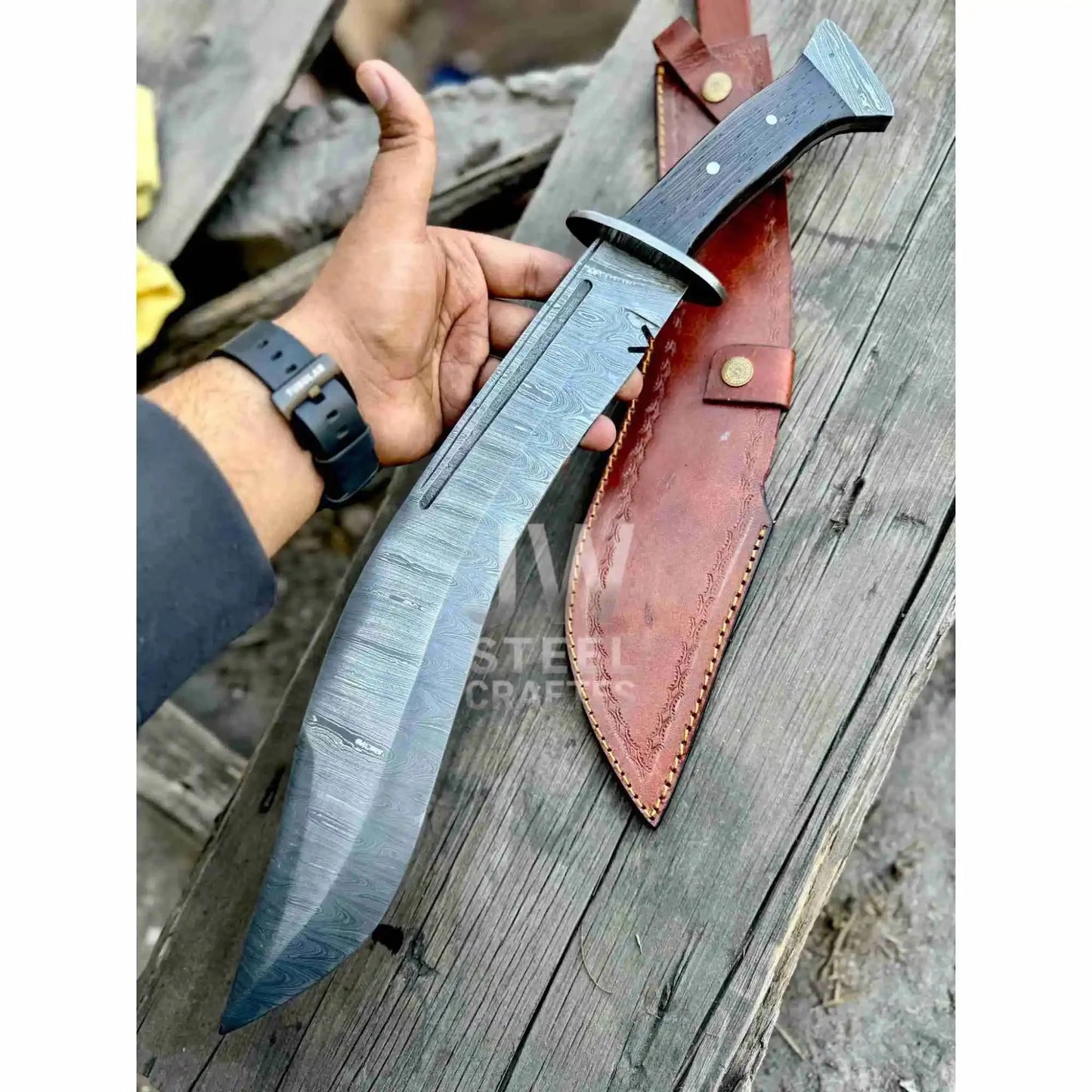 Handmade Kukri Bowie Knife Damascus Steel Recurve Blade Full Tang with Leather Sheath – JW SteelCrafts