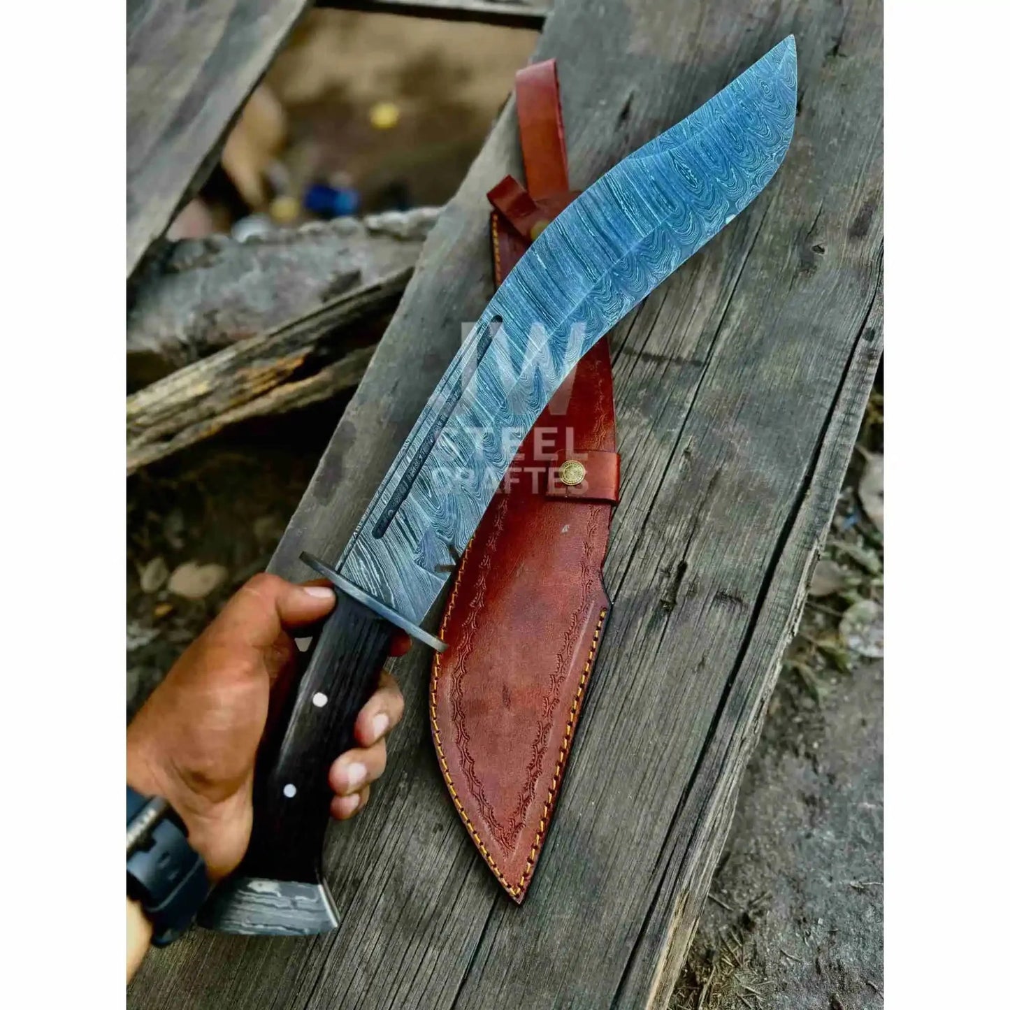 Handmade Kukri Bowie Knife Damascus Steel Recurve Blade Full Tang with Leather Sheath – JW SteelCrafts