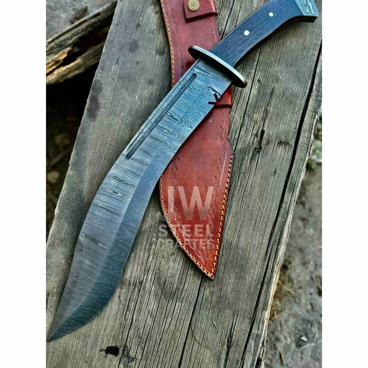 Handmade Kukri Bowie Knife Damascus Steel Recurve Blade Full Tang with Leather Sheath – JW SteelCrafts