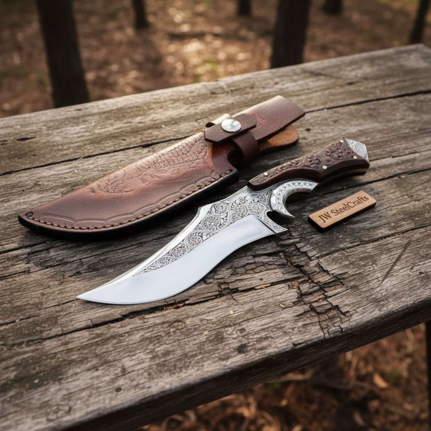 Handmade Persian Recurve Bowie Knife Engraved D2 Steel Custom Handle